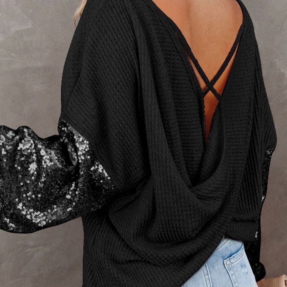 Black Waffle Knit Top w/Sequins Sleeves - Picture 2 of 4